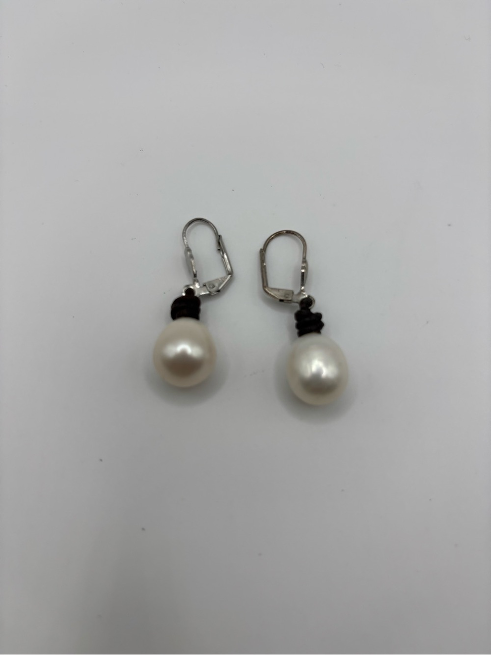 Pearl Drop Earrings with Silver Leverback and Black Accent